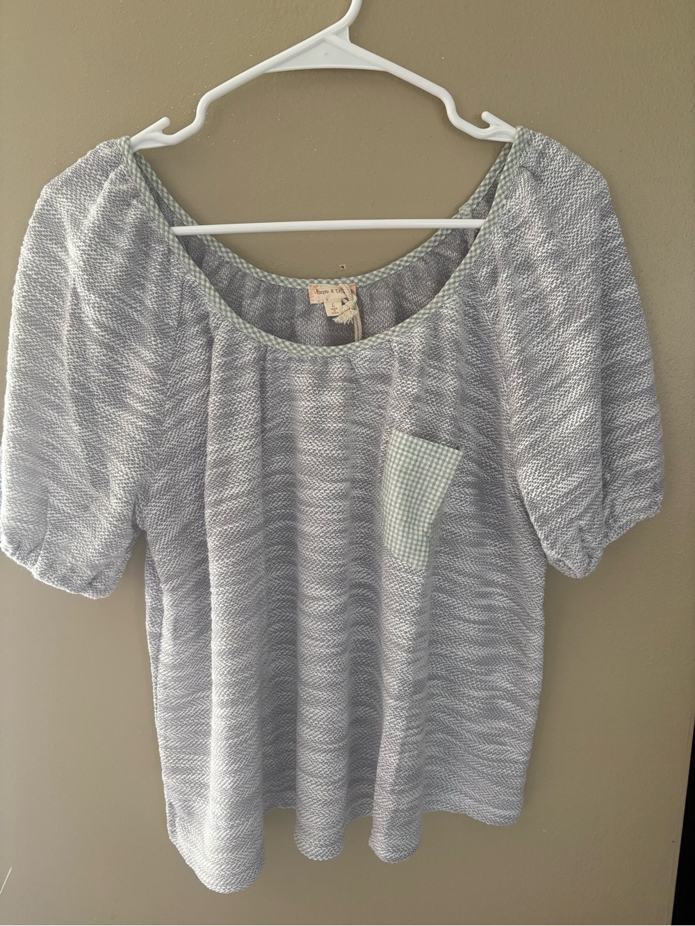 Hem & Thread Pale Blue Textured Scoop-Neck Blouse with Gingham Pocket